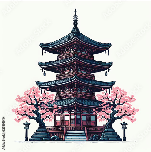 japanese pagoda and cherry blossoms