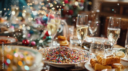 Create a New Year's Day brunch with confetti from the previous night's celebrations still sparkling, adding to the festive mood.