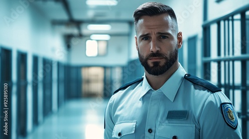 A correctional officer standing confidently in a modern prison facility, wearing a uniform and looking directly at the camera