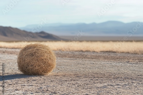 Desert Tumbleweed. Dry Lake Bed with Tumbleweed Moving Across Dusty American Landscape photo