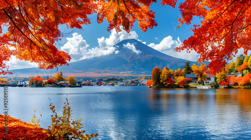 View of Lake Toya, framed by autumn trees at dusk, and the volcano in the center of the lake photo