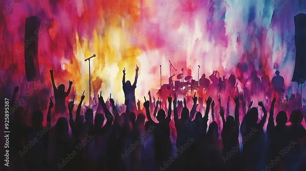 sillhouette peoples at concert watercolor style sillhouette peoples at concert watercolor style