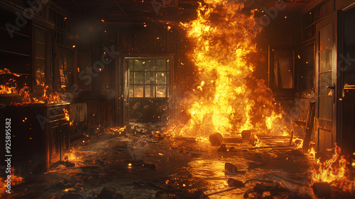 house is on yellow and red fire, the fire tail are tall and huge