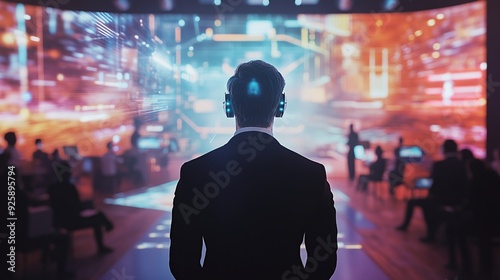 Businessman in suit and headphones stands in front of a digital screen at a conference.