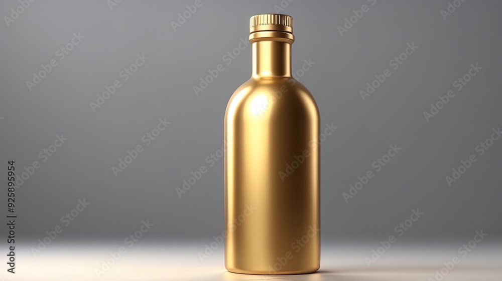 A bottle of gold color is shown isolated on gray backgroubd A bottle of gold color is shown isolated on gray backgroubd