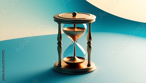 A highly detailed, ornate golden hourglass with a subtle gradient effect, set against a vibrant cobalt blue background that gradates to a soft, creamy turquoise towards the edges, evoking a sense  photo