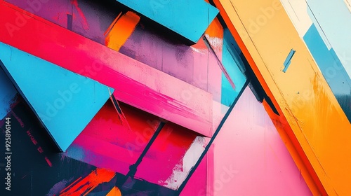 A hard-edge abstract composition defined by sharp lines and bold color contrasts photo