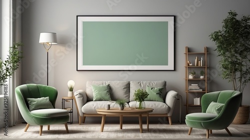 mockup frame, modern living room interior, green pastel, background 