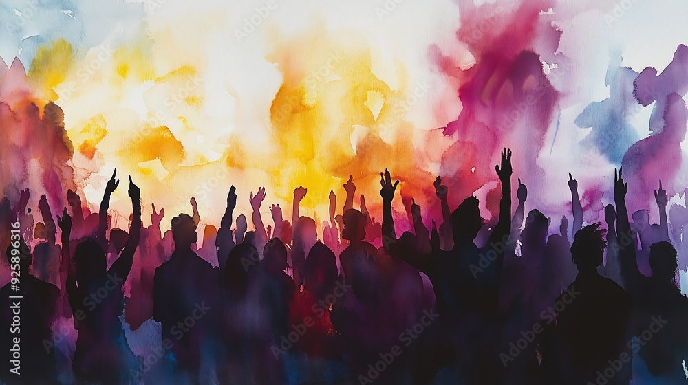 sillhouette peoples at concert watercolor style