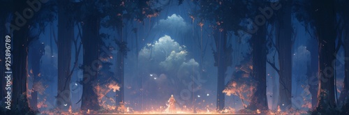 Mystical Stage Ambiance: Billowing Curtains, Hazy Forest Backdrop, and Soft Lighting in an Anime-Style Theatrical Abstract Art, storybook illustrations, comic strips, book illustrations and picture