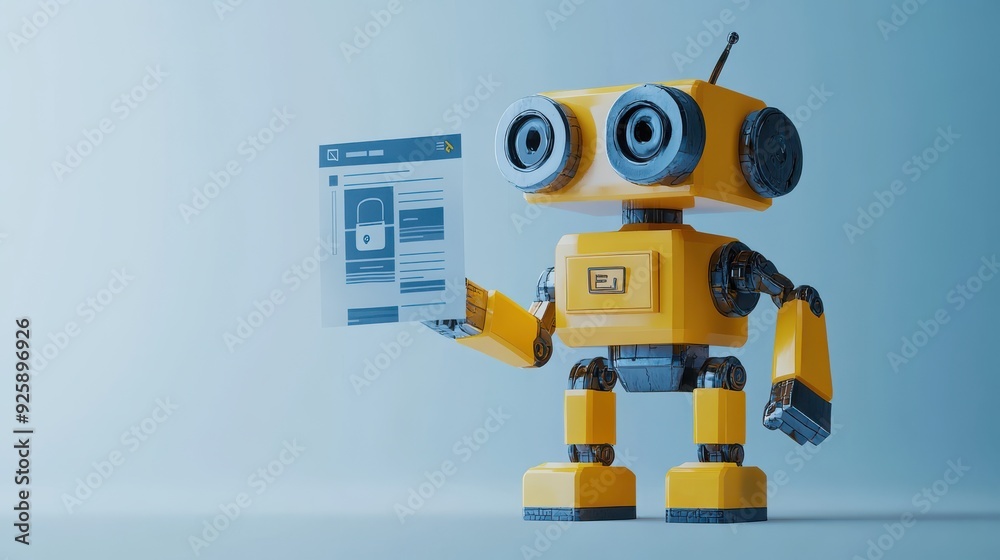 A yellow robot holding a digital document with a security padlock icon, symbolizing data protection and cybersecurity concepts.
A yellow robot holding a digital document with a security padlock icon, symbolizing data protection and cybersecurity concepts.