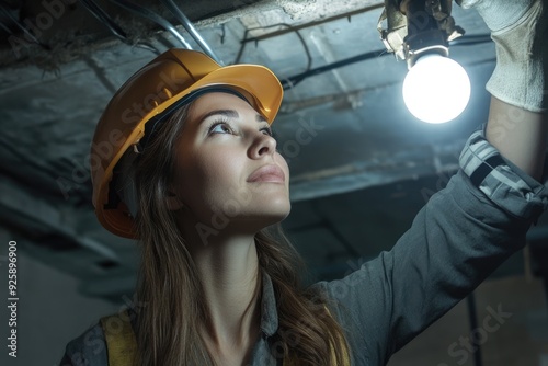 Licensed Electrician: Female Expert Repairing Ceiling Lighting with Cable Inspection