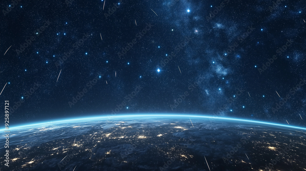 Obraz premium The sky is full of stars as seen from the Earth's horizon. Stars are scattered across the night sky, some appearing as bright streaks, indicating the presence of shooting stars. 