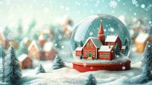 Snow globe featuring a tiny Christmas village, with swirling snowflakes inside.