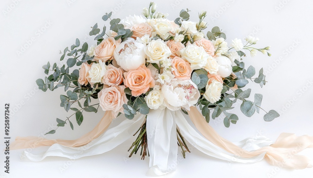 A stunning romantic bouquet of soft pastel roses, peonies, and eucalyptus, beautifully arranged with flowing ribbons, creating a sense of romance and beauty A stunning romantic bouquet of soft pastel roses, peonies, and eucalyptus, beautifully arranged with flowing ribbons, creating a sense of romance and beauty
