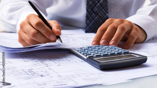 A professional cost estimator analyzing construction project blueprints with a calculator and laptop on a desk