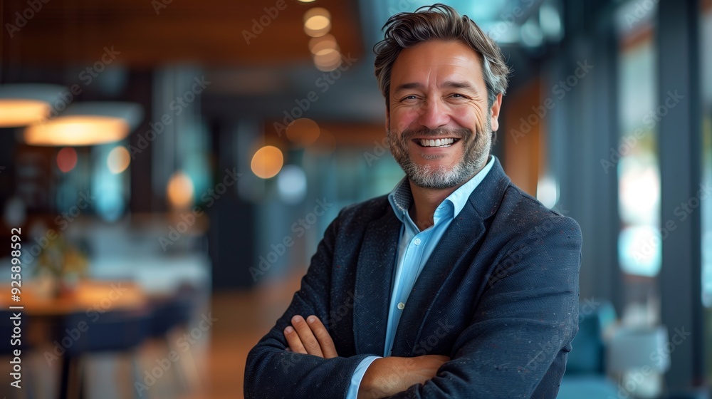 A successful business person standing in office with crossed arms