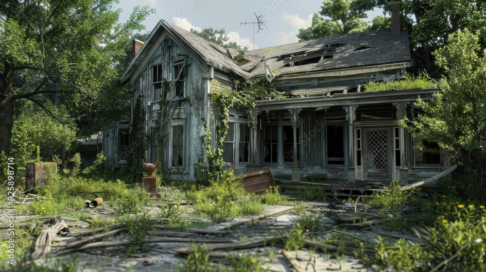 Create a scene of an old, broken house with broken windows, a crumbling porch, and a roof that has partially caved in Create a scene of an old, broken house with broken windows, a crumbling porch, and a roof that has partially caved in
