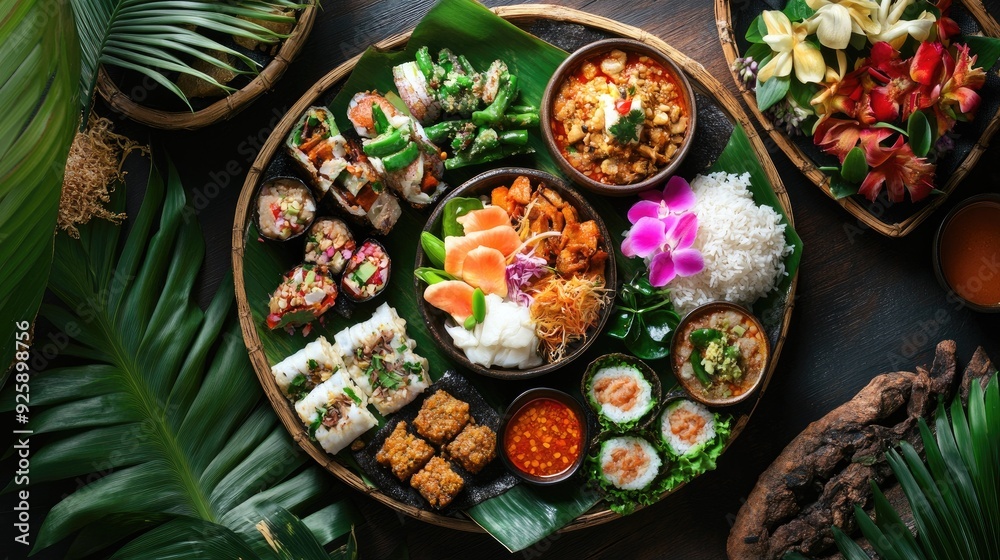 Fototapeta premium A traditional Thai platter with a variety of dishes, accented by tropical flowers, no people.