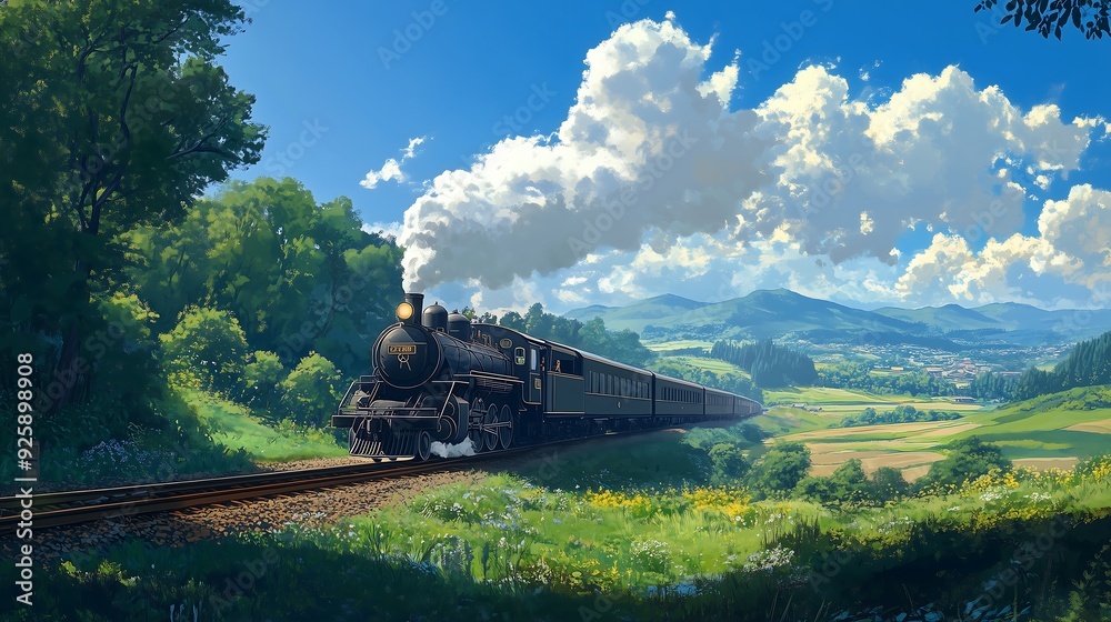 Obraz premium train and village landscape anime style