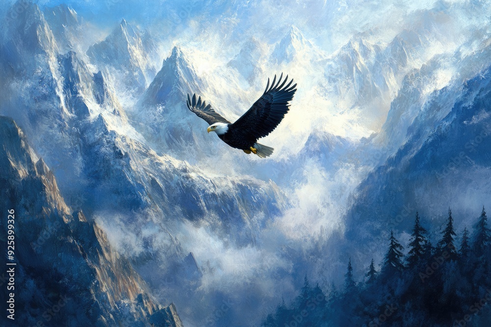 Fototapeta premium Eagle Soaring Mountains. Majestic Bald Eagle Flying in Southeast Alaskan Blue Sky Landscape