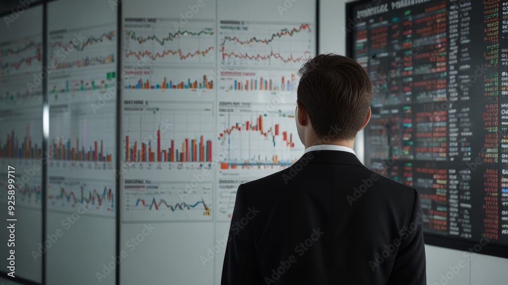 A man in a dark business suit stands with his back to us in a white hall. He is looking at a large information board A man in a dark business suit stands with his back to us in a white hall. He is looking at a large information board