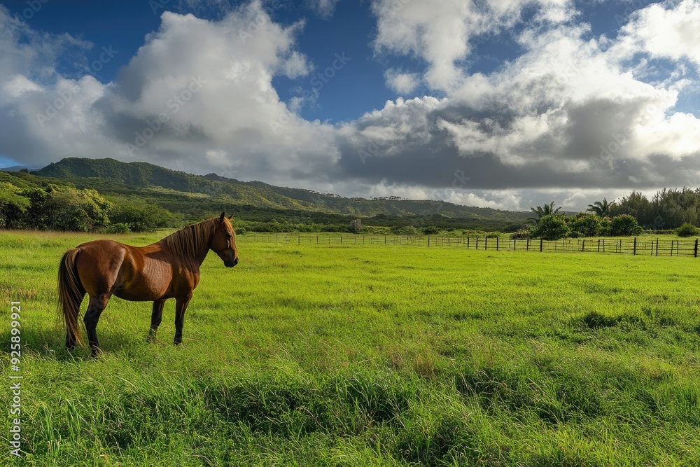 Hawaii Ranch. Summer Pasture: Horse Grazing in Lush Green Field under Blue Sky Hawaii Ranch. Summer Pasture: Horse Grazing in Lush Green Field under Blue Sky