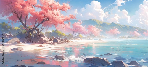 Serene Dreamy Beach with Cherry Blossoms: A Tranquil Anime-Style Seascape for Gaming and Storybook Illustrations in 4K. photo