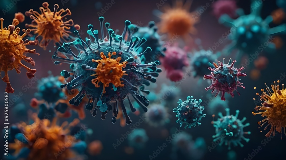 A mesmerizing close-up of viral particles, each one uniquely shaped and colored, showcasing the diverse and complex nature of infectious agents. A mesmerizing close-up of viral particles, each one uniquely shaped and colored, showcasing the diverse and complex nature of infectious agents.