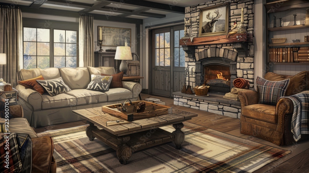 Create a sketch of a rustic living room featuring a comfortable sofa, a wooden coffee table, and a wool rug. Create a sketch of a rustic living room featuring a comfortable sofa, a wooden coffee table, and a wool rug.