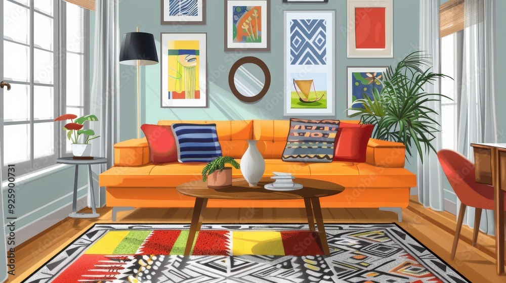 Fototapeta premium Create a sketch of a vibrant living room with a colorful sofa, a bold coffee table, and a patterned rug