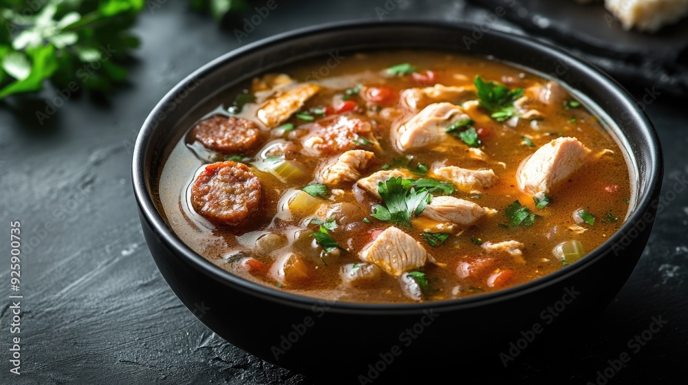 Louisiana Cuisine. Chicken and Sausage Gumbo Soup in Black Bowl on Dark Slate Backdrop Louisiana Cuisine. Chicken and Sausage Gumbo Soup in Black Bowl on Dark Slate Backdrop