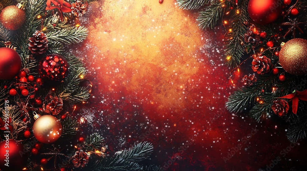 Festive Holiday Frame: A warm and inviting Christmas scene with a backdrop of glowing lights, twinkling snow, and a beautiful arrangement of evergreen branches, red and gold baubles, and pine cones. Festive Holiday Frame: A warm and inviting Christmas scene with a backdrop of glowing lights, twinkling snow, and a beautiful arrangement of evergreen branches, red and gold baubles, and pine cones.