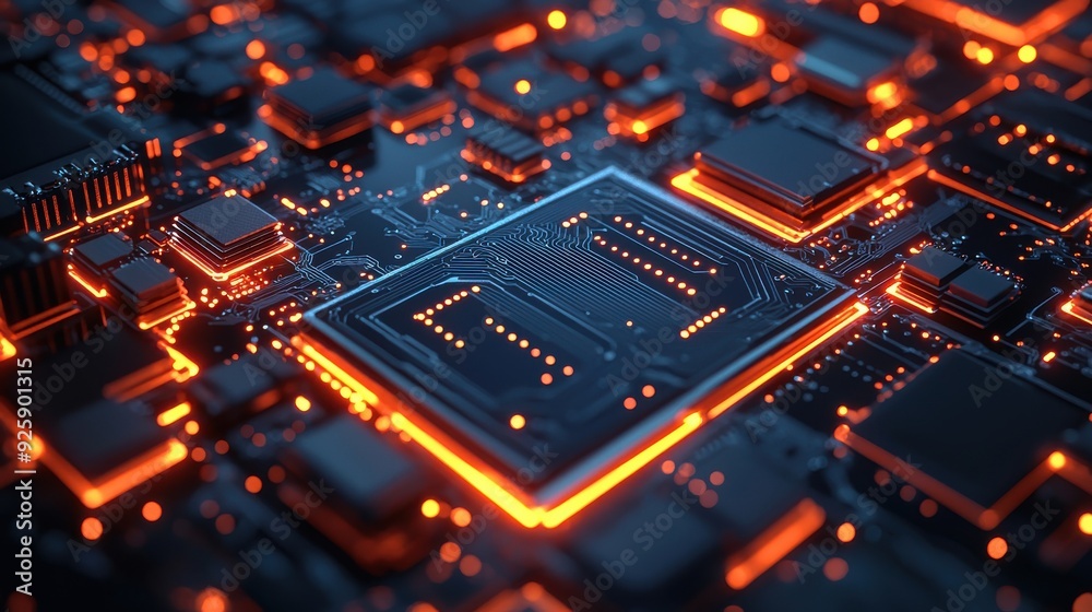 Close-up of a Computer Circuit Board with Microchips and Electronic Components
