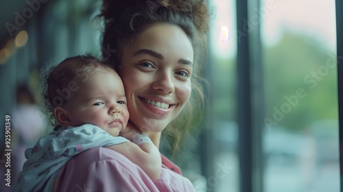 A young nurse smiles while holding and gently swaying the newborn baby in her arms