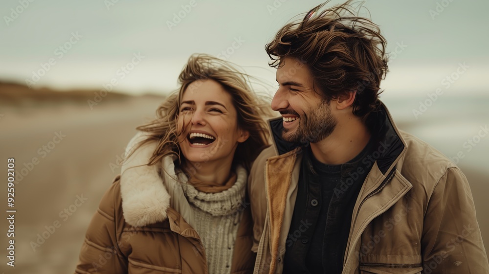 Photo of happy couple walking on the beach, wearing winter and smiling at each other Photo of happy couple walking on the beach, wearing winter and smiling at each other