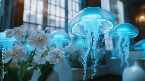 Bioluminescent jellyfish in a 3D close-up, with white flower vases near large windows.