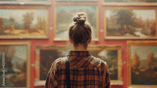 Young woman admiring paintings in the museum