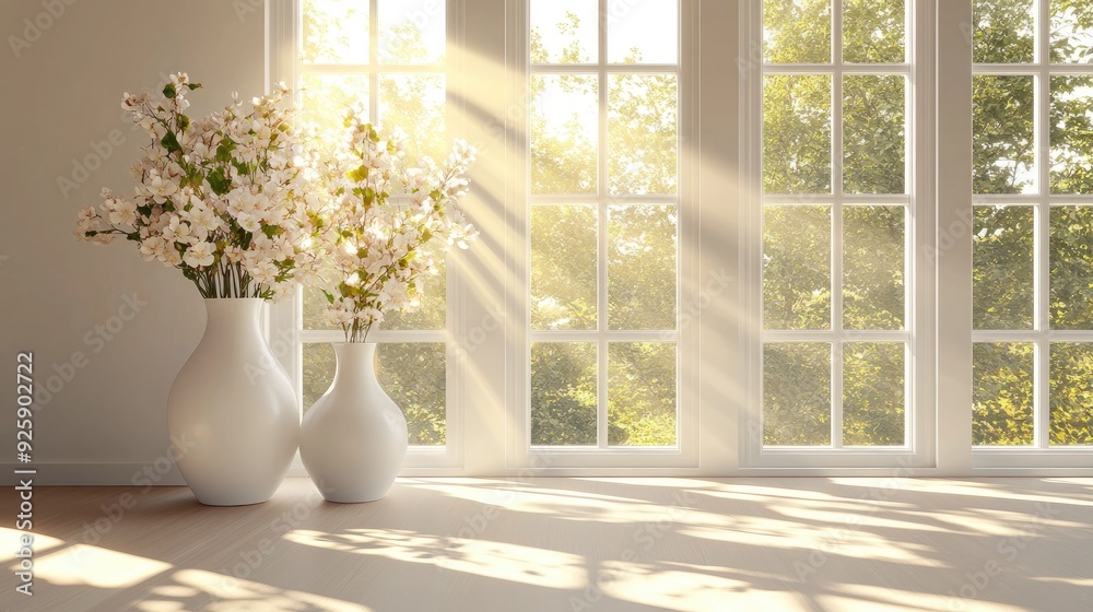 Bright 3D sun illustration casting soft rays through large windows, white vases with flowers on the sill.