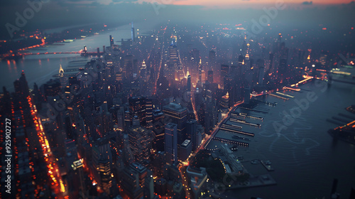 skyline city from the above at night, lighting buildings, dark themes
