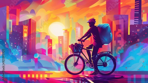 Wallpaper Mural Create a vibrant scene of a modern food delivery service with a delivery rider on a bike, carrying a large insulated bag. Torontodigital.ca