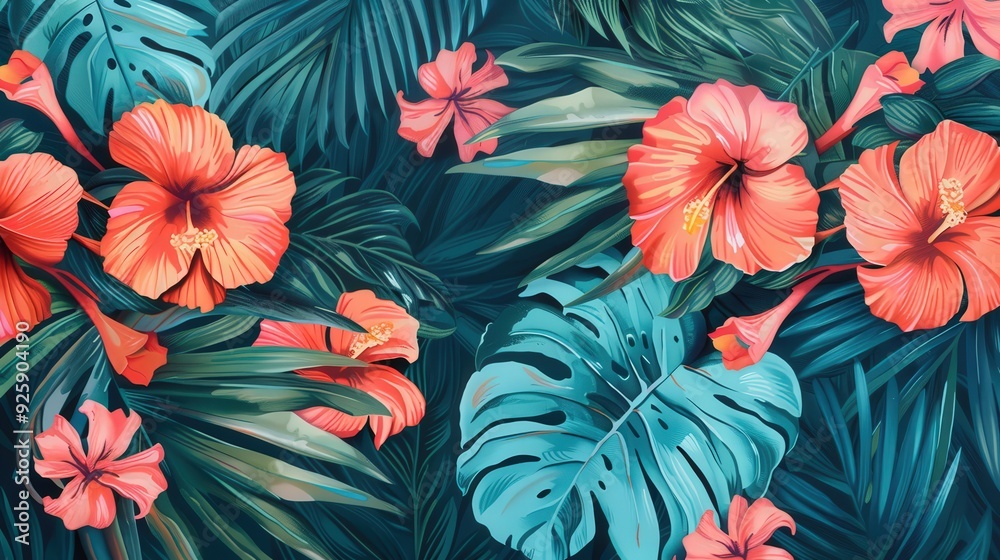 Create a vibrant tropical pattern featuring large palm leaves and exotic flowers Create a vibrant tropical pattern featuring large palm leaves and exotic flowers