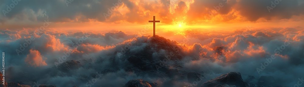 Obraz premium A cross atop a misty mountain, with sun rays piercing through clouds, creating a heavenly atmosphere