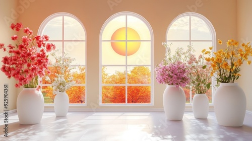 Room with a 3D sun illustration, two large windows, and white vases filled with vibrant flowers.