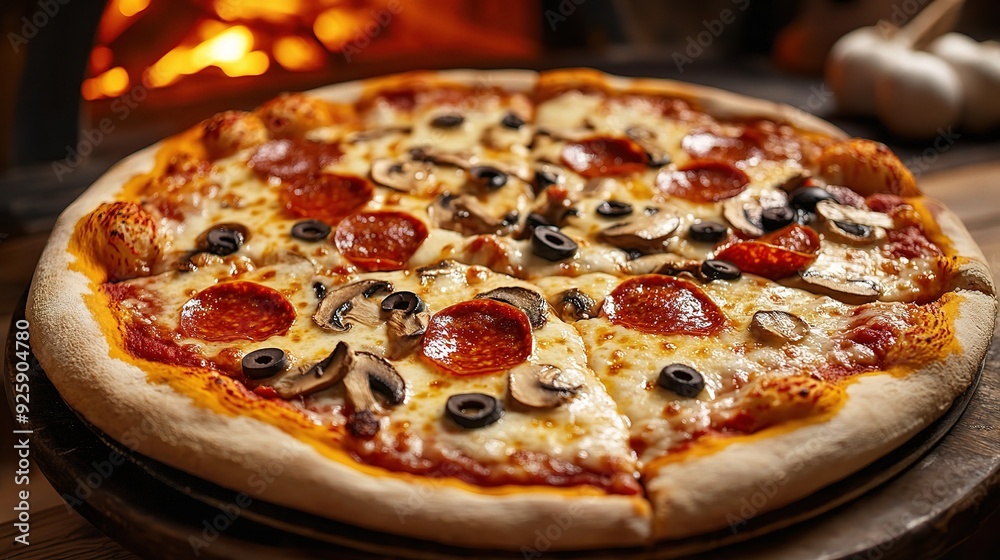 Pepperoni and Mushroom Pizza: A close-up shot of a delicious pepperoni and mushroom pizza, fresh from the oven, with melted cheese and a crispy crust. The image is perfect for food blogs. Pepperoni and Mushroom Pizza: A close-up shot of a delicious pepperoni and mushroom pizza, fresh from the oven, with melted cheese and a crispy crust. The image is perfect for food blogs.