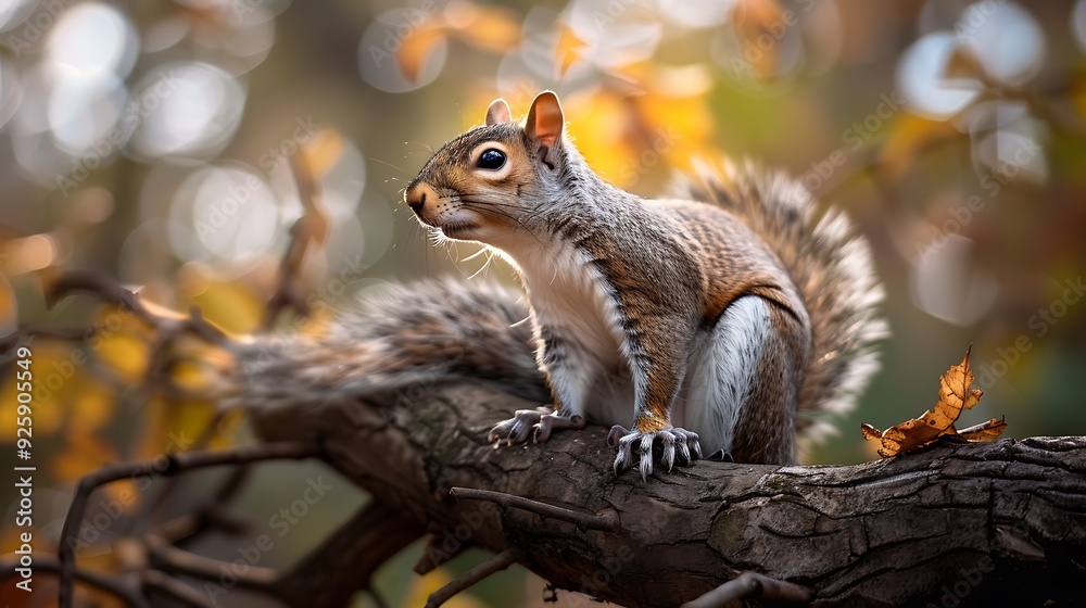 A squirrel sits on a branch in a forest, with a blurred background of leaves and sunlight. A squirrel sits on a branch in a forest, with a blurred background of leaves and sunlight.