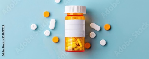 Close-up of a prescription bottle with pharmacy label, pills scattered around, pharmacy, medication concept