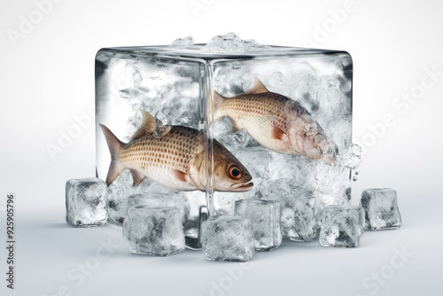 Pollock Fish Under Ice Cube with Spilled Ice High Resolution Food Photography Perfect for Seafood Ads Restaurant Menus and Culinary Visuals