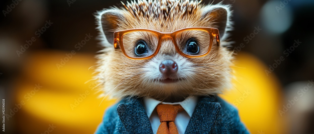 Hedgehog in a suit with orange glasses and tie, bright yellow background, adorable and formal Hedgehog in a suit with orange glasses and tie, bright yellow background, adorable and formal