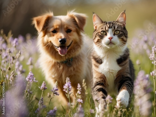 Dog and cat walking in a field of purple wildflowers